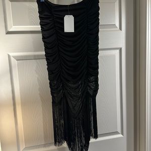 NEW - Elegant Black Midi Skirt with Fringe - Size Large